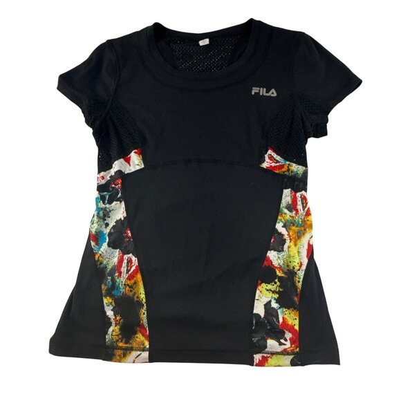 Fila Sport Women's Medium Black Athletic T Shirt Mesh Panels Paint Splatter Prin - Picture 8 of 8